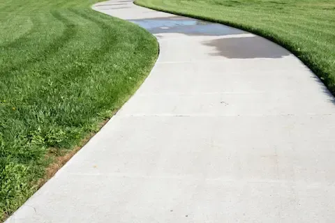 Curved concrete sidewalk winding through a freshly mowed residential lawn