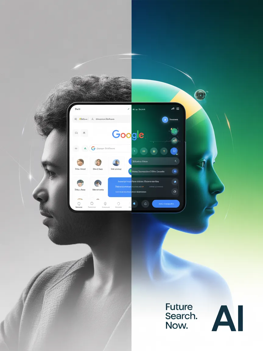 Futuristic profile of a person overlaid with AI search interface showing ChatGPT and Google results, illustrating AI search technology and visibility.