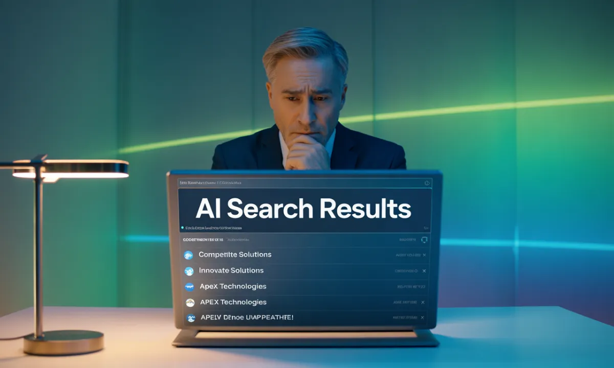 Business professional reviewing AI search results on computer screen, demonstrating AI search visibility analysis process.