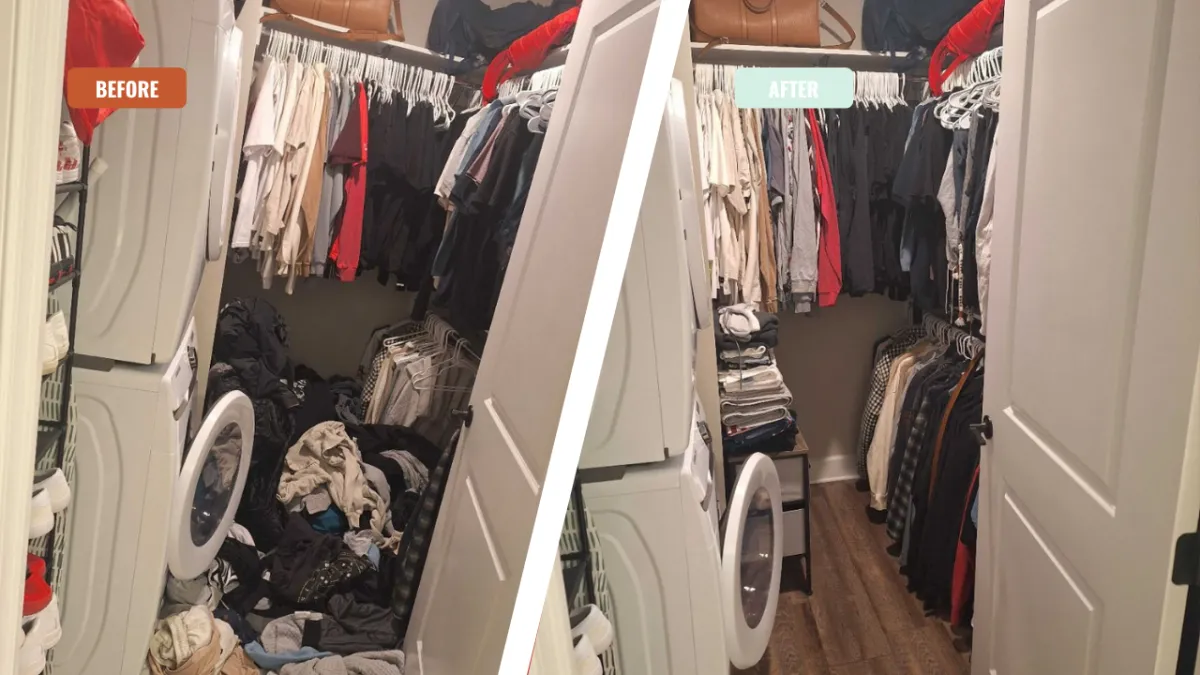 Professional cleaner organizing a closet