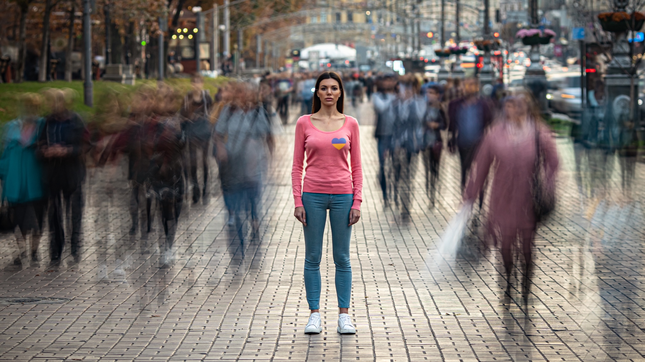 woman alone in crowd
