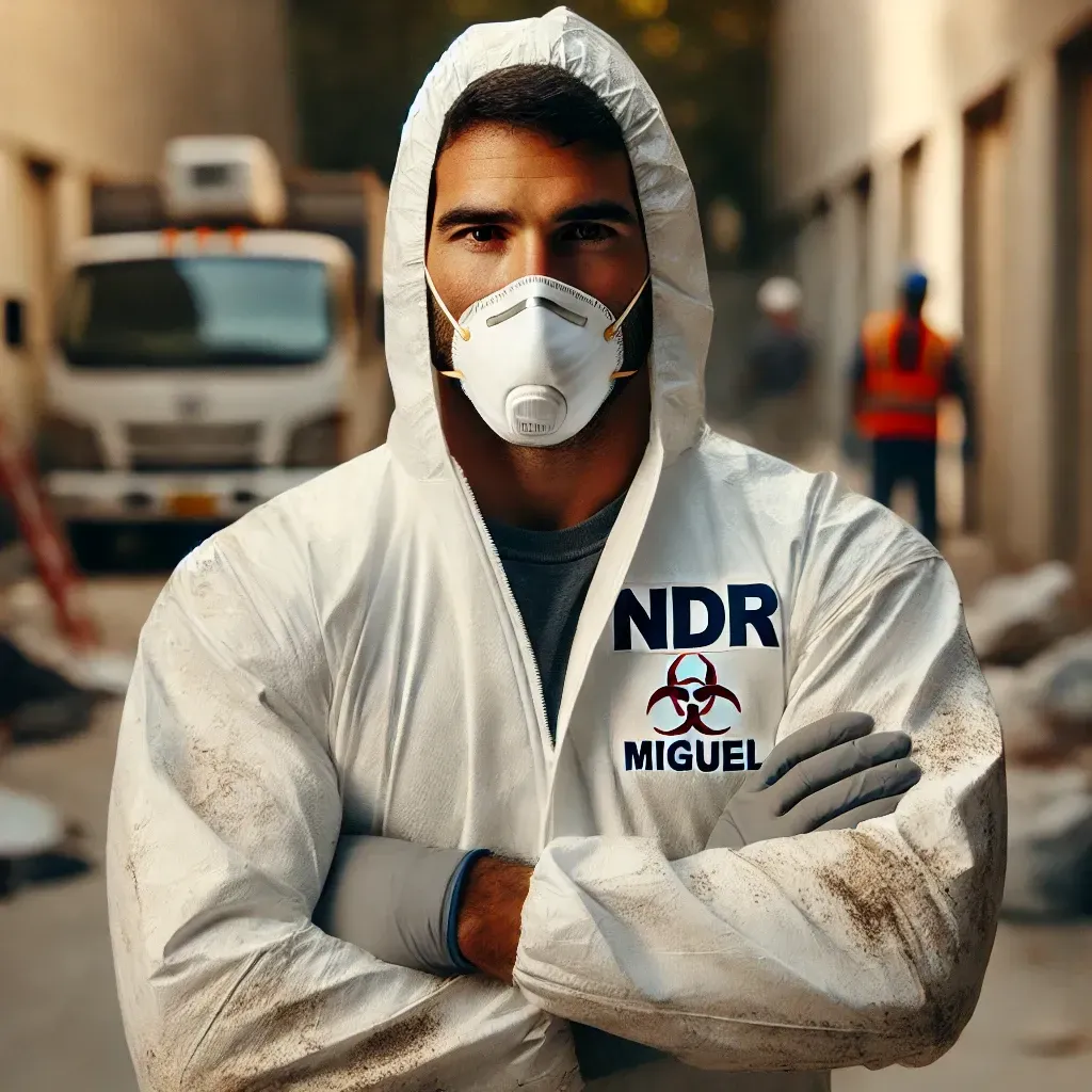 Miguel, NDR technician, conducting mold testing in a hazmat suit. Skilled in mold remediation, water damage restoration, and environmental safety for Las Vegas properties.