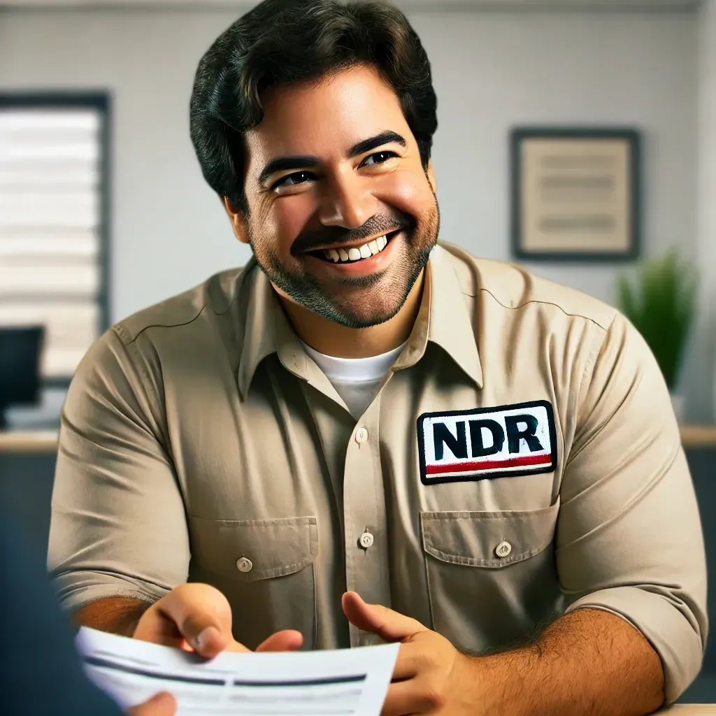 Adolfo, NDR manager, reviewing disaster recovery paperwork with clients. Expertise in flood cleanup, mold removal, and insurance claim assistance. Friendly and reliable, ensuring customer satisfaction in Las Vegas restoration services.