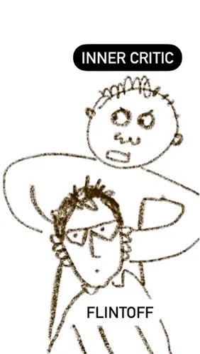 Scratchy drawing of a thuggish Inner Critic with his arms around the neck of a caricature John-Paul Flintoff