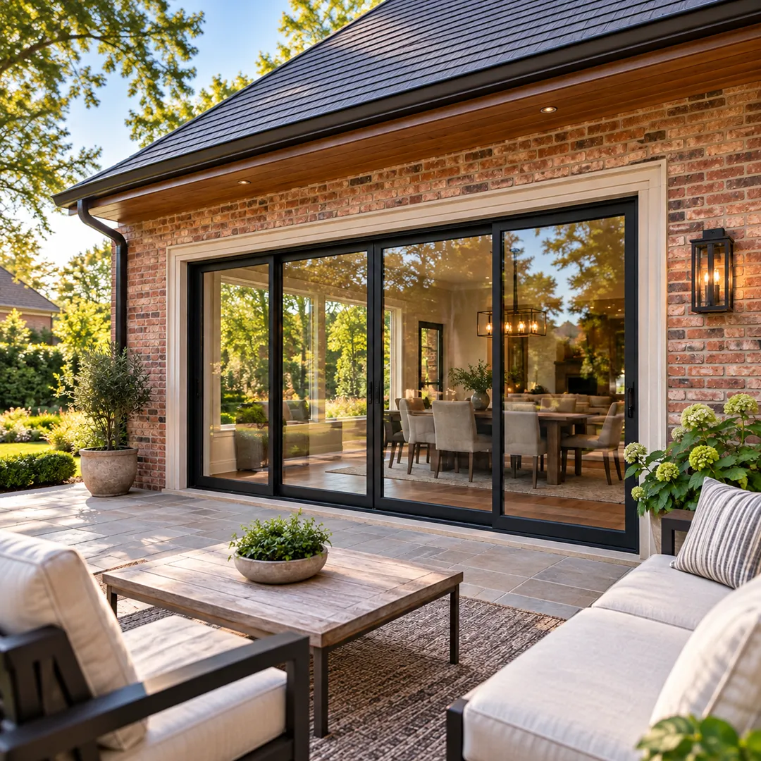 Illustrative coordinate hardware and finished edges for sliding glass doors