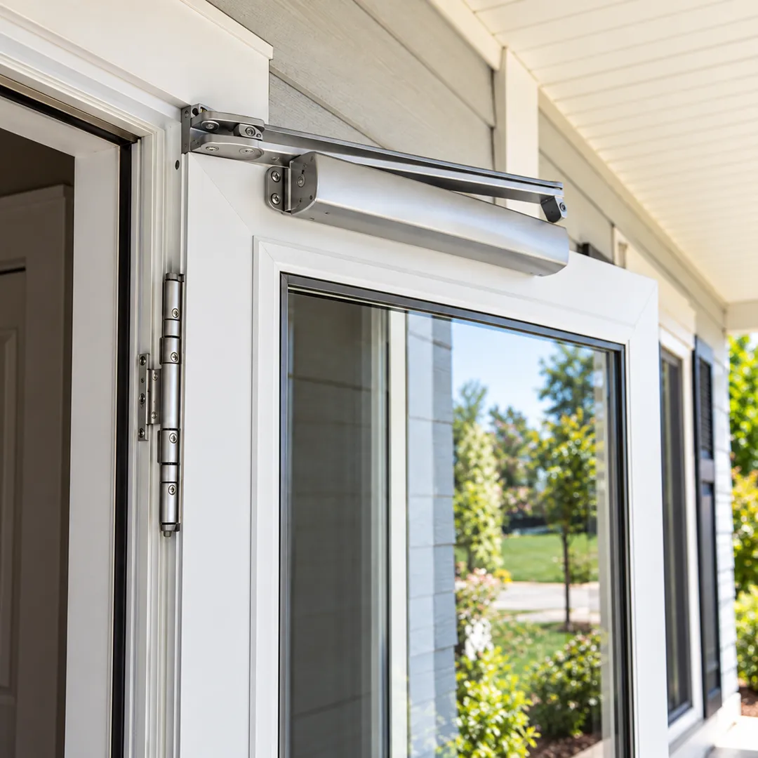 Illustrative set the closer and latch arrangement for storm doors