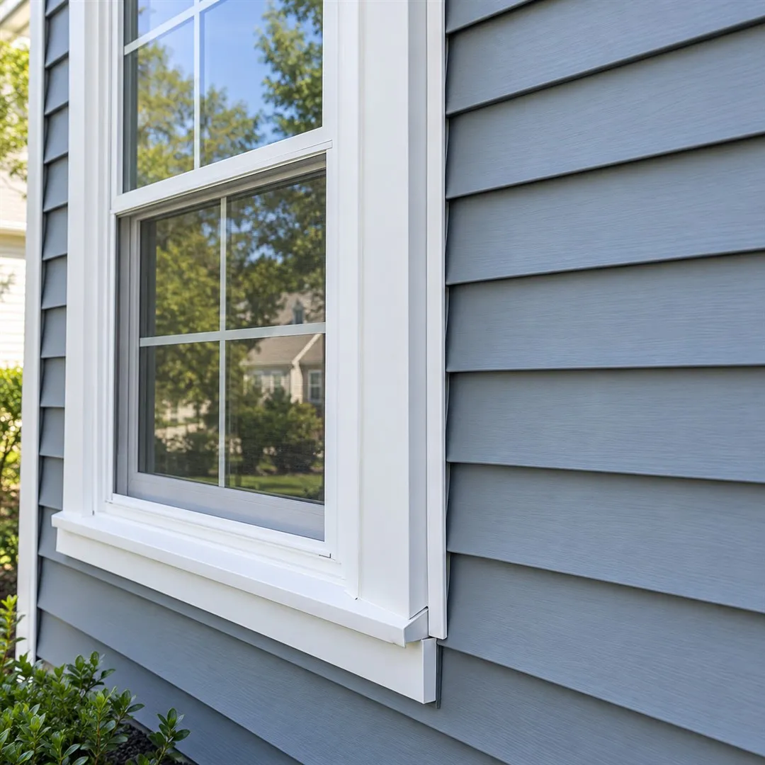 Illustration of replacement siding fitted around a white window frame