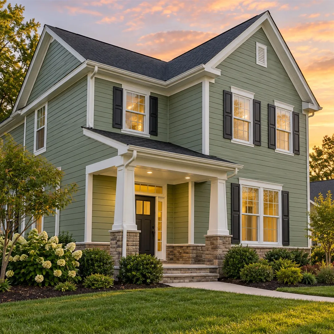 Illustration of a home with replacement siding and coordinated white trim