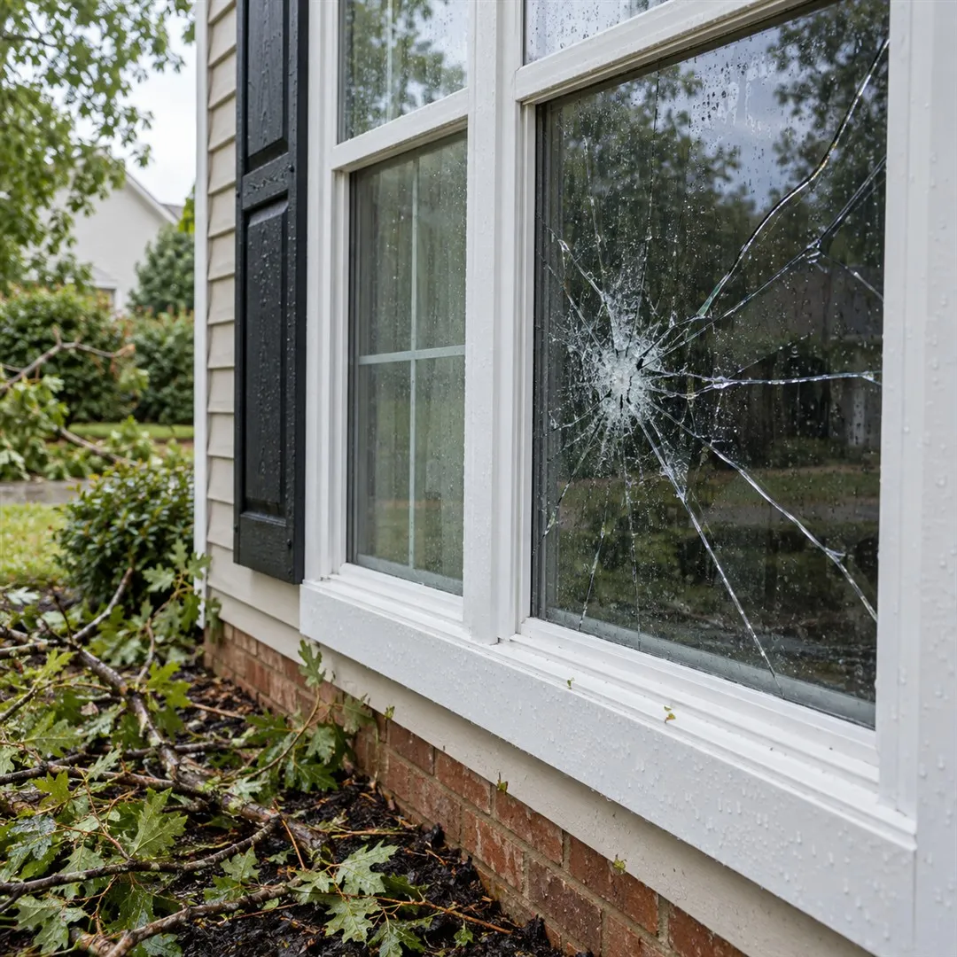 Illustration of storm damaged residential window glass