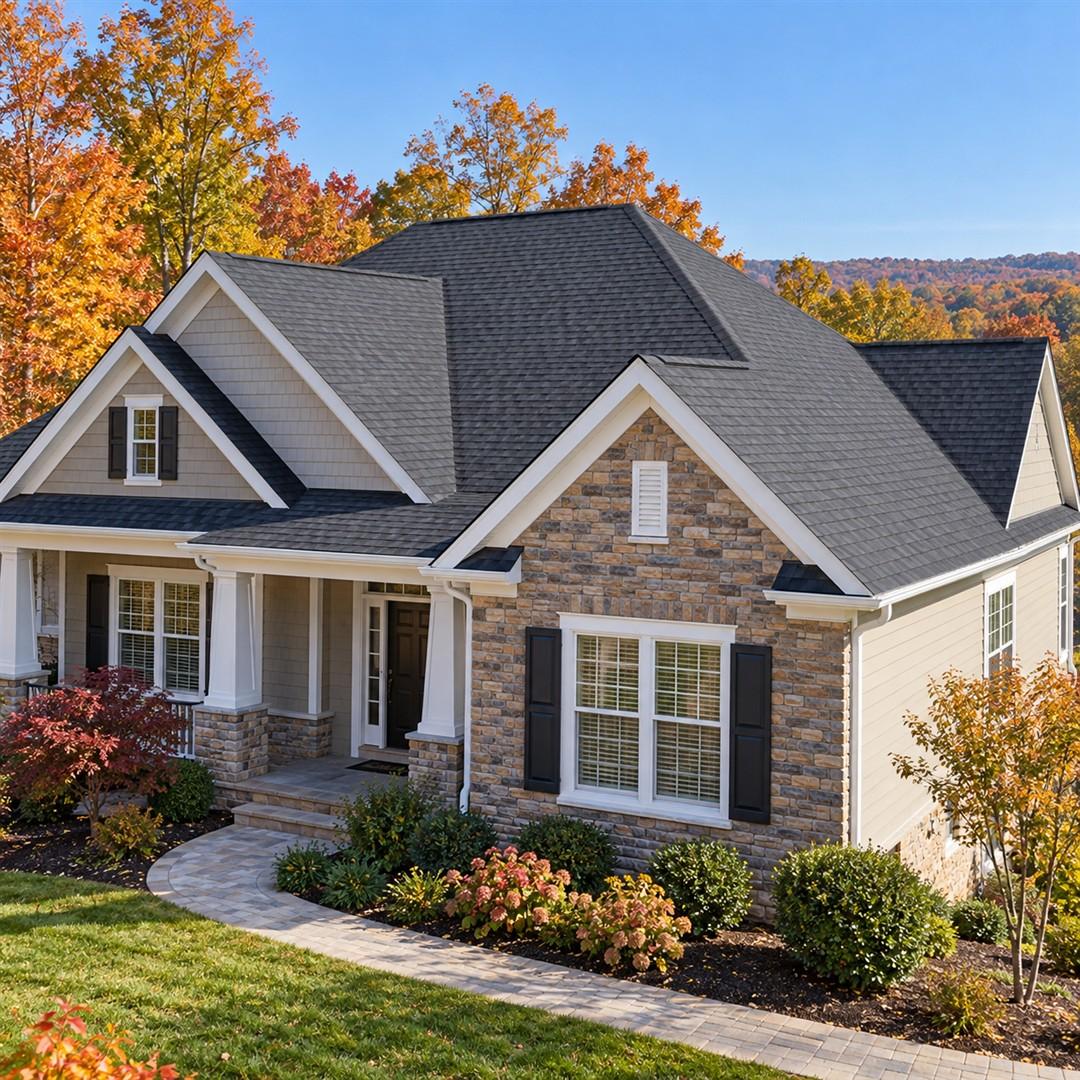 Illustration of a home with a new charcoal shingle roof