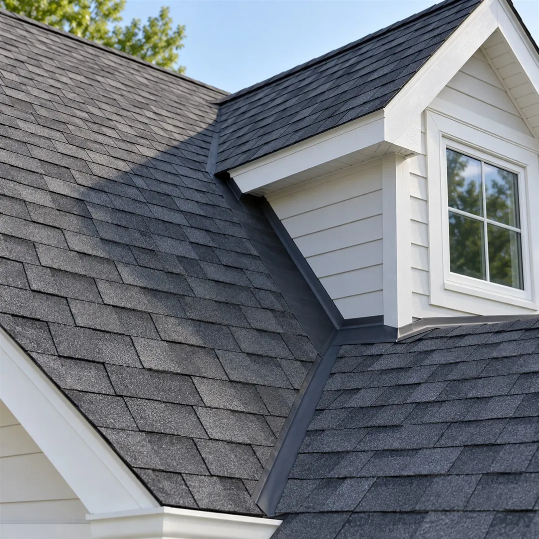 Illustration of new shingles and flashing around a roof dormer