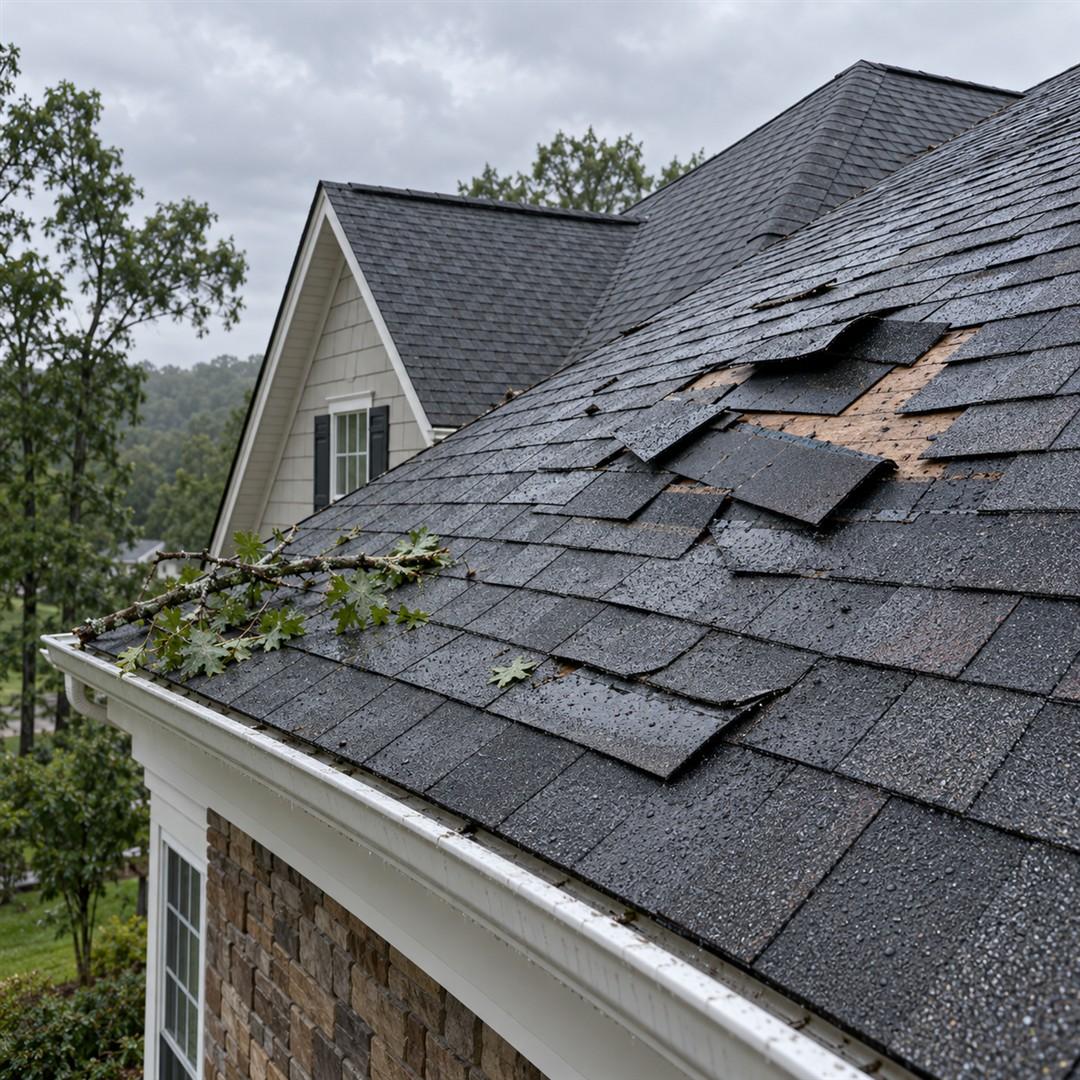 Illustration of wind lifted and missing roof shingles after a storm