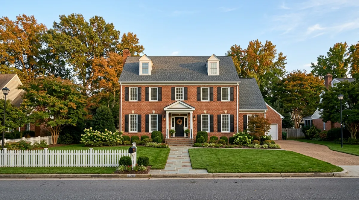Brick colonial home in a Richmond, VA neighborhood with a new charcoal architectural shingle roof in autumn light
