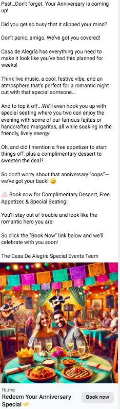 Special Event Ads helping restaurants attract anniversary celebrations with VIP seating and gourmet dining.