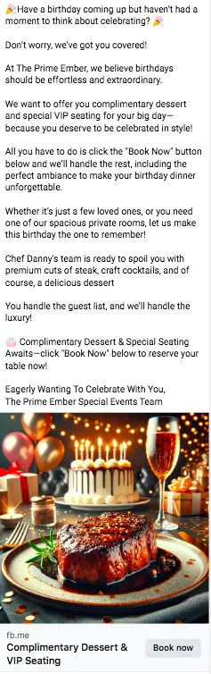 Special Event Ads showcasing restaurants’ culinary experiences for birthday and anniversary celebrations