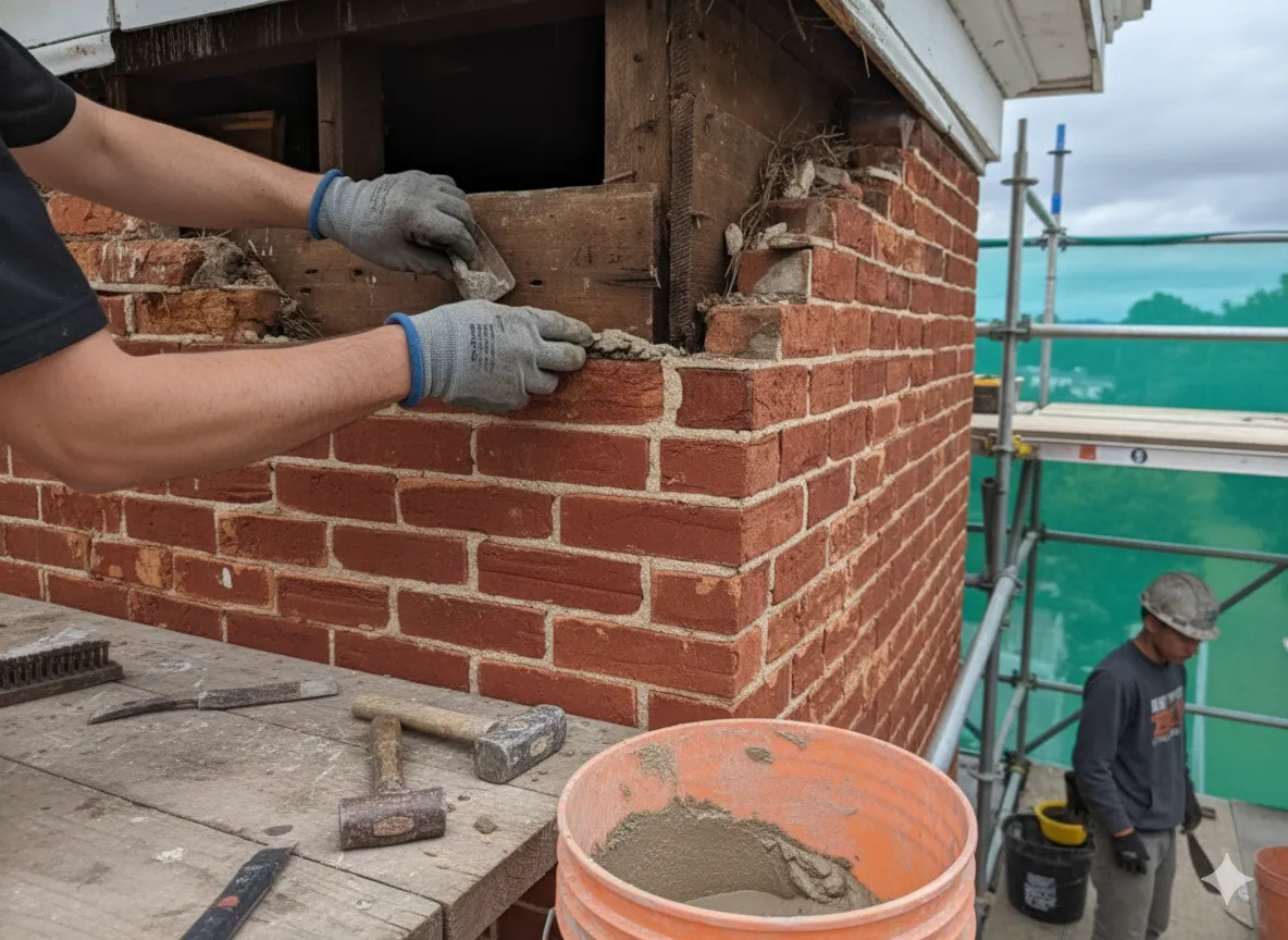 contractor expert repairing and restoring the block wall