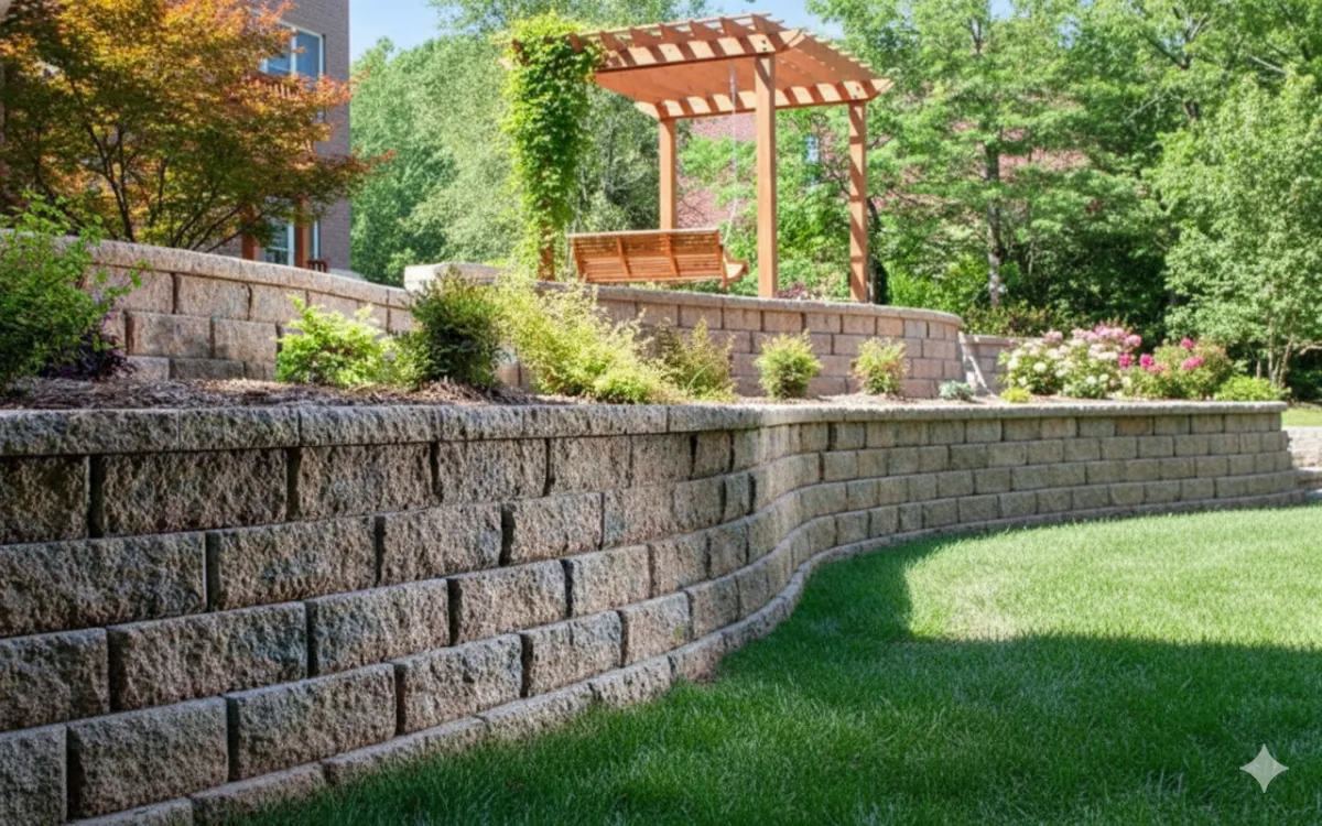 Hardscape and retaining walls over the patio and plants