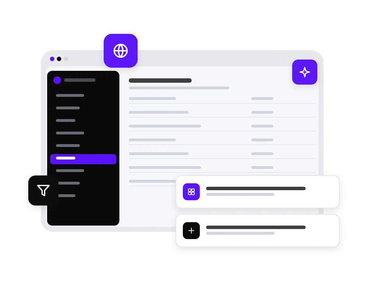 A website builder showing a page list with drag-and-drop and add-on options.