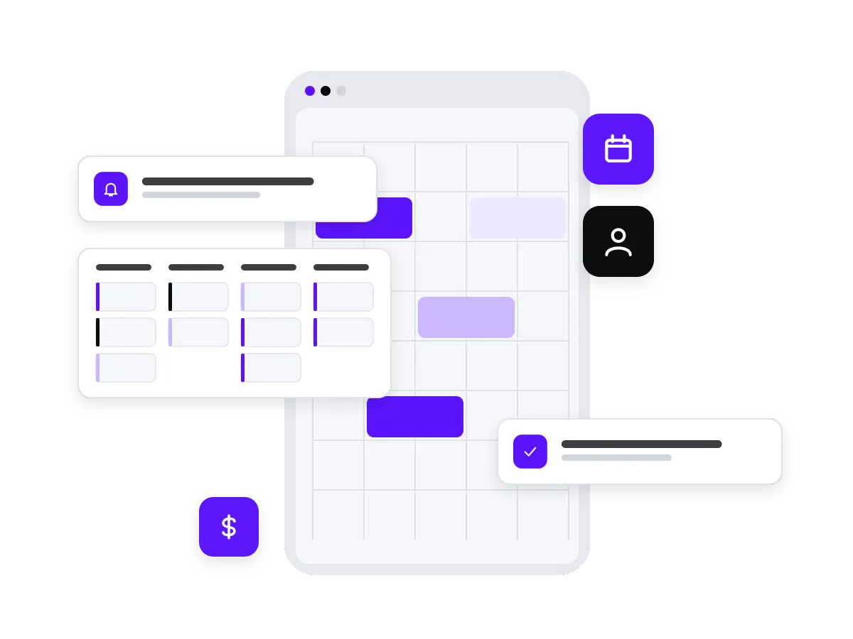 A calendar with booking notifications and a pipeline card.