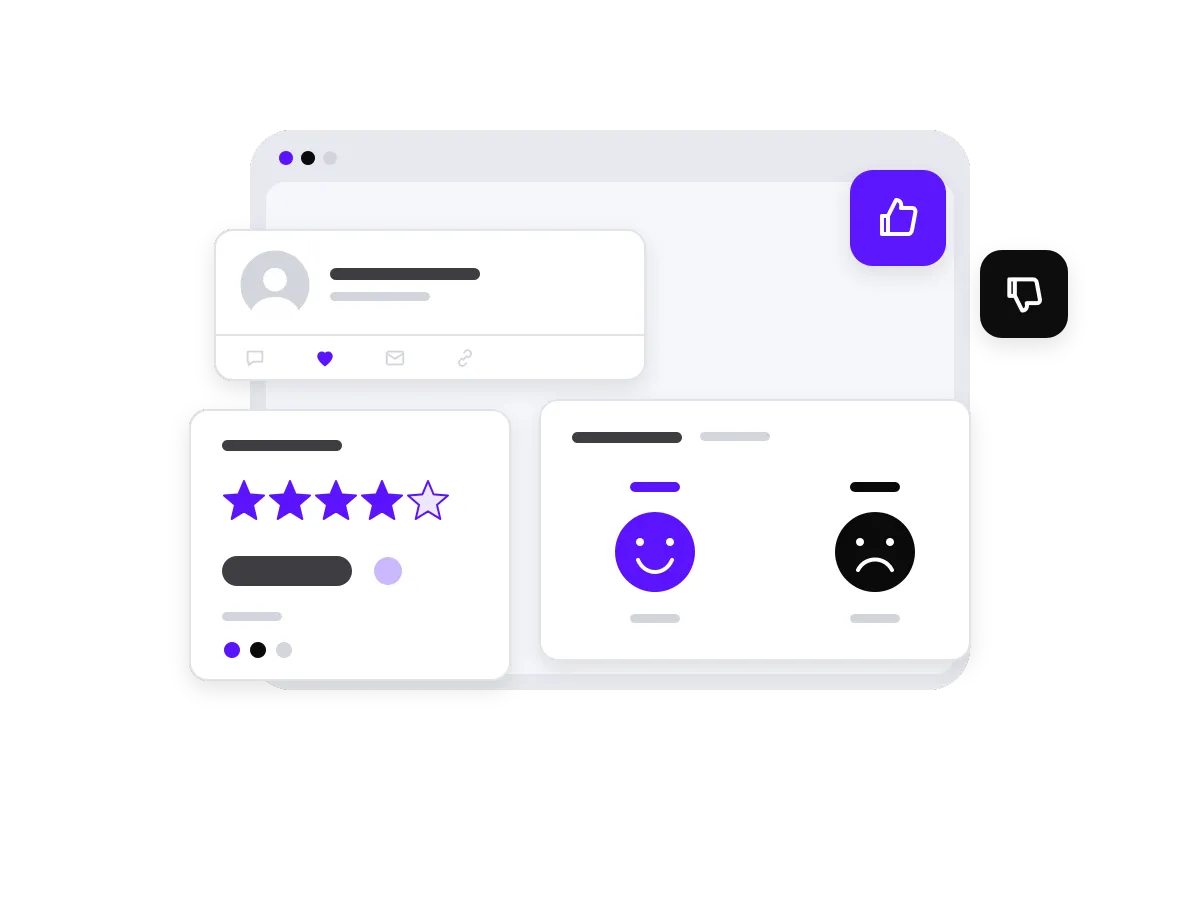 A customer review card, a star rating and a positive/negative sentiment panel.