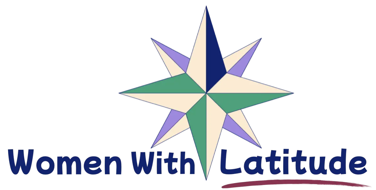 Women With Latitude logo with rose compass in ivory, green, navy and lavender, and red lipstick underlining the world "Latitude"