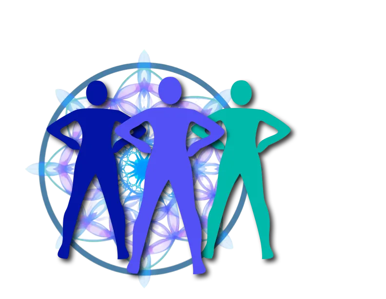 Trio of humans in superpower pose in front of flower of life, in blue, green, purple