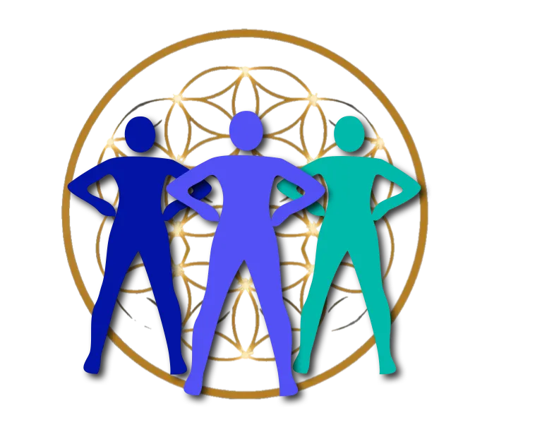 Trio of humans in superpower pose in front of flower of life, in blue, green, purple