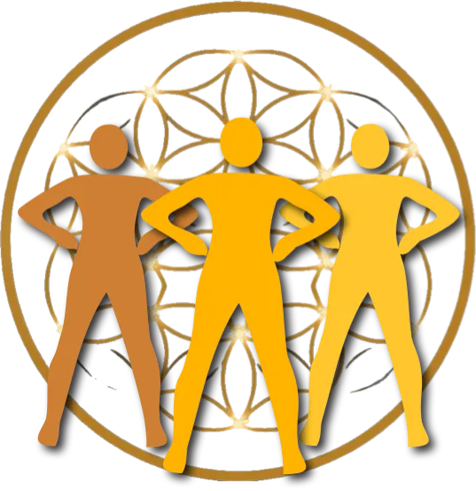 Trio of humans in superpower pose in front of flower of life, in blue, green, purple