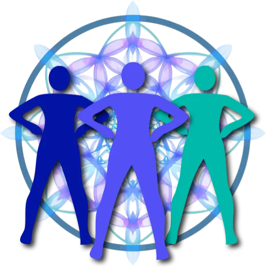 Trio of humans in superpower pose in front of flower of life, in blue, green, purple