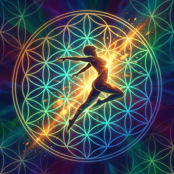 Trio of humans in superpower pose in front of flower of life, in blue, green, purple