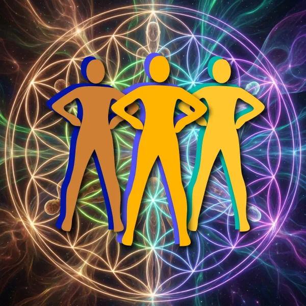 Trio of humans in superpower pose from Positively H.U.B. logo