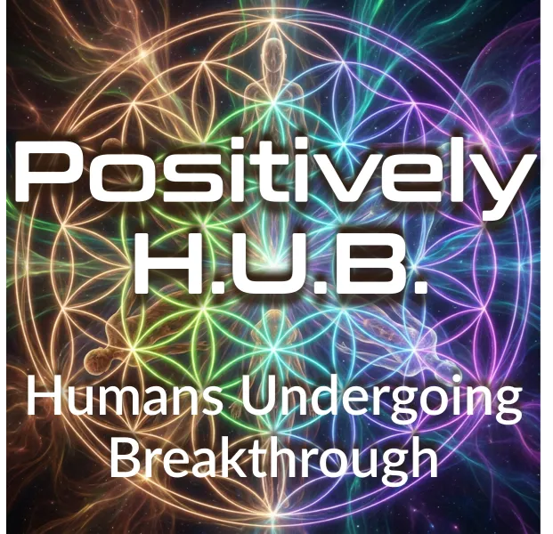Positively H.U.B. - Humans Undergoing Breakthrough wordmark over colorful Flower of Life mandala