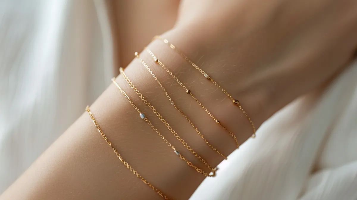 A close-up of a delicate gold chain being gently fastened around a smiling woman's wrist by a jeweler, with soft, warm lighting and a blurred background of a boutique studio. The scene conveys anticipation and joy, focusing on the hands and jewelry.