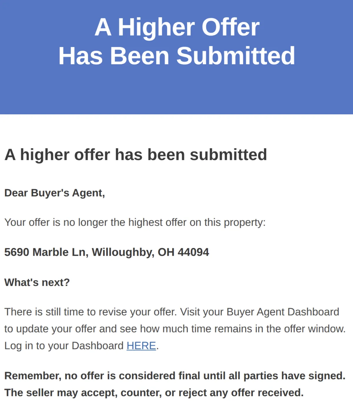 Platform notification email showing a higher offer had been submitted