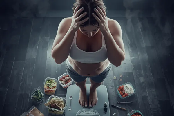 A frustrated woman standing on a scale surrounded by dumbbells, meal prep containers, and fitness gear, representing the emotional struggle of stalled weight loss progress and fitness frustration.