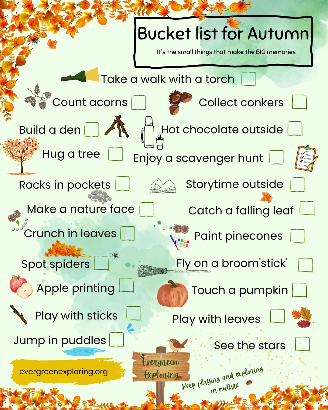 a list of fun activities to enjoy with an under five in Autumn. From playing with leaves to jumping in puddles