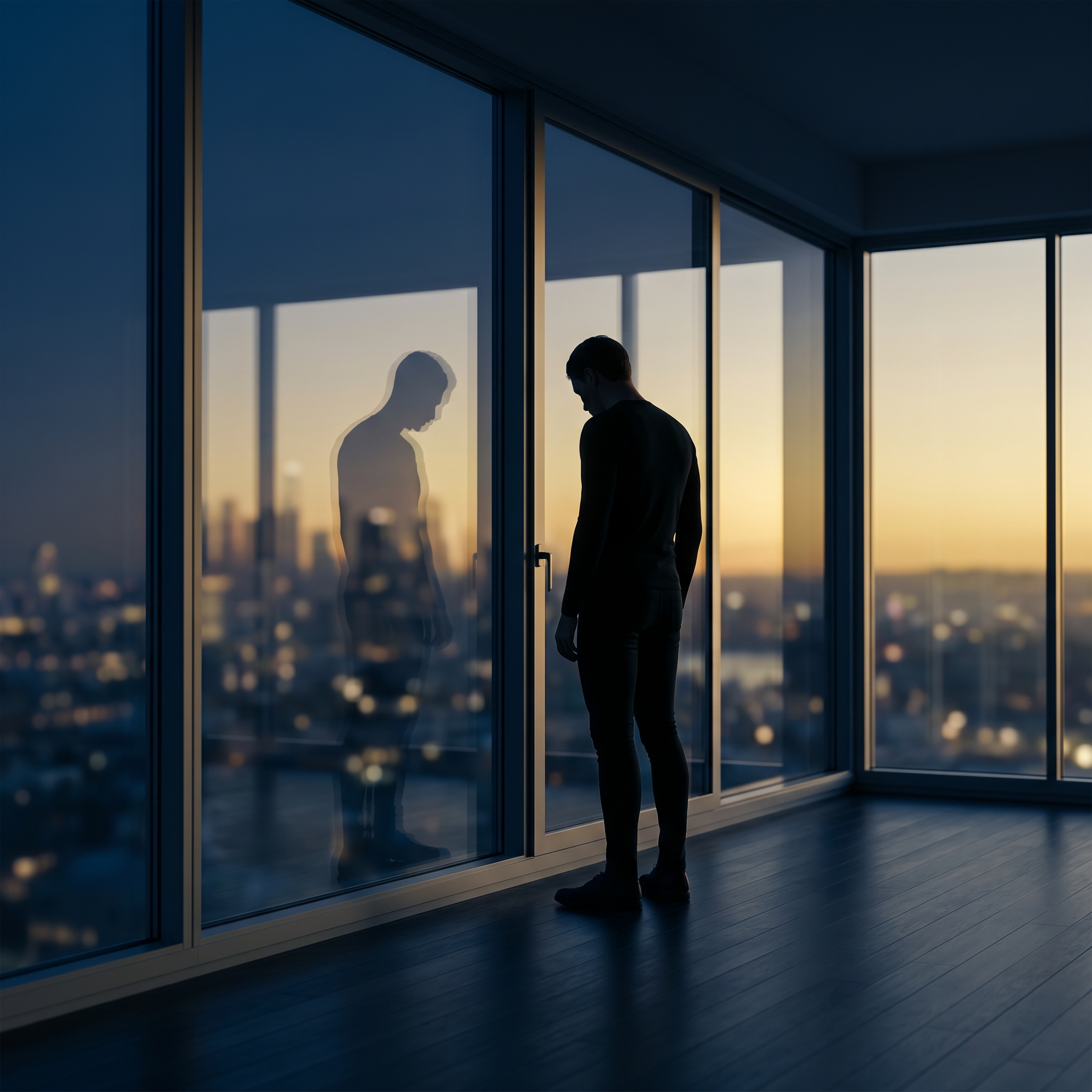 figure reflecting cityscape