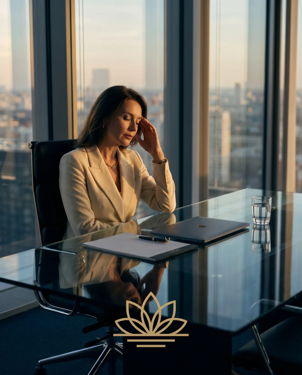 Woman at executive desk, head resting in hand, overlooking city skyline — representing burnout and emotional exhaustion in high-achieving women.