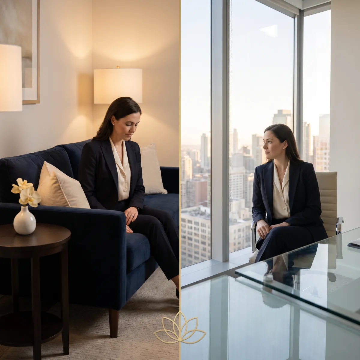 Split editorial image representing the difference between therapy and coaching for high-achieving professionals, featuring a contemplative setting on the left and a strategic executive environment on the right, in navy and gold tones.