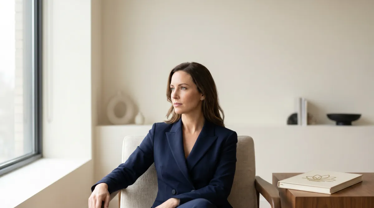 Photorealistic editorial portrait of a composed professional woman in navy attire by a window, representing narcissistic abuse recovery for high-achieving women — LT Clinical Consulting & Concierge Services.