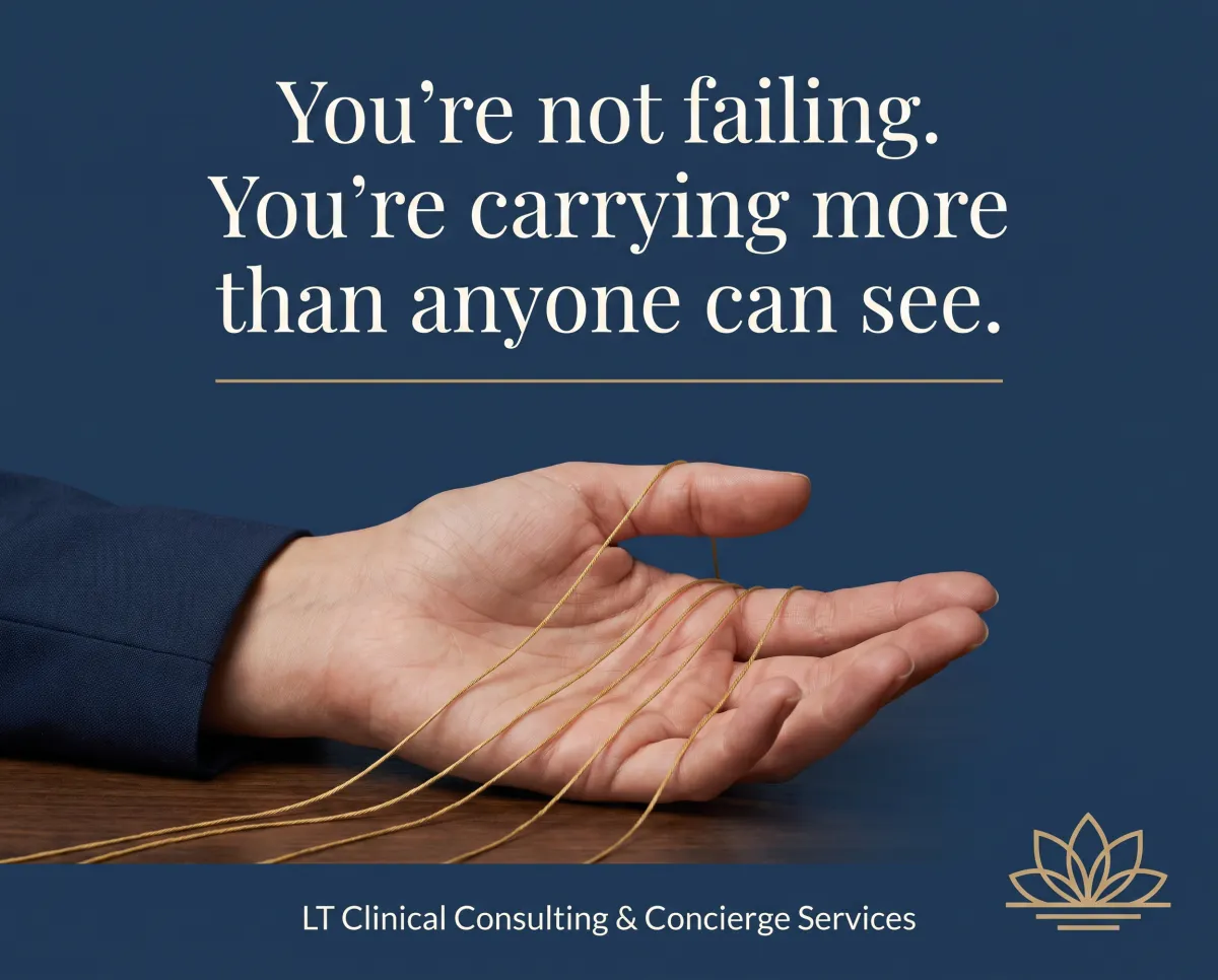 Woman's hands resting on a dark surface with overlapping gold thread lines representing the invisible mental load carried by high-achieving working mothers.