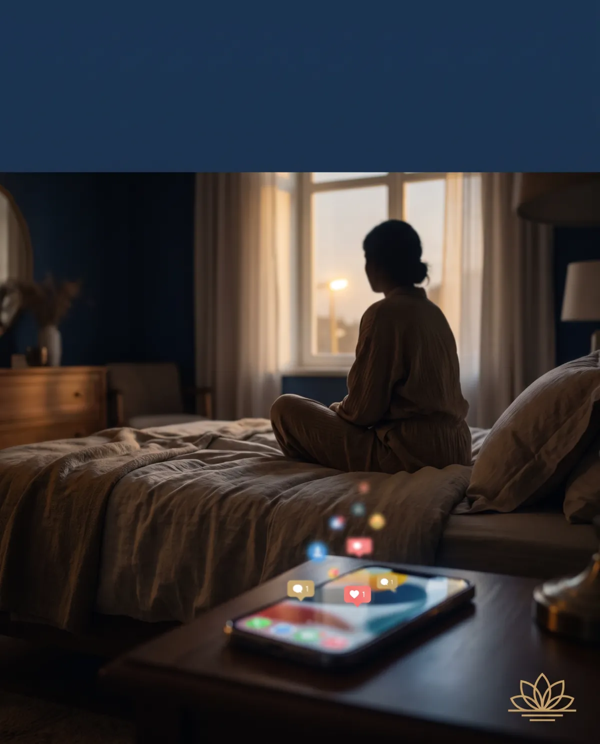 A phone glows on a nightstand with soft notification light while a person sits in silhouette by a window, turned away, in a quiet dark room.