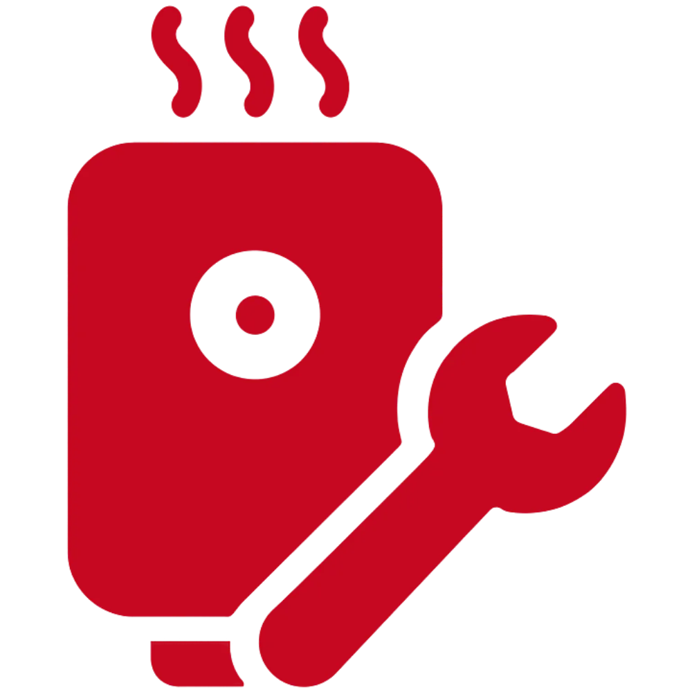 Red icon of water heater with steam and wrench