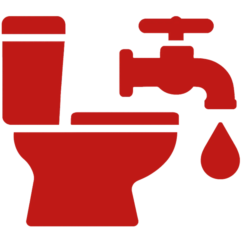 Red icon of toilet and faucet with water droplet