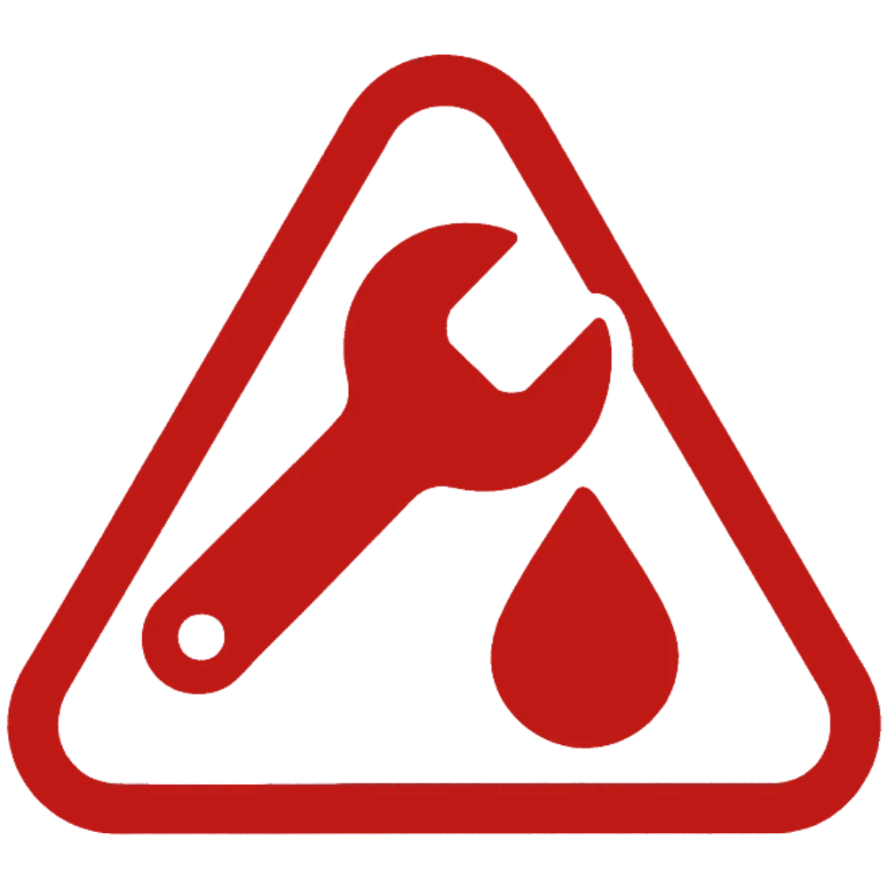Red icon of wrench and droplet inside alert triangle