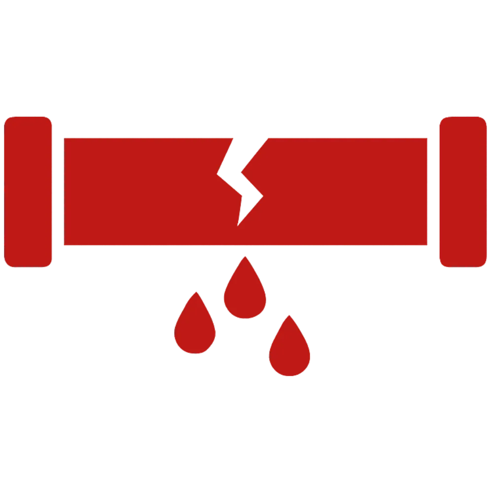 Red icon of cracked pipe leaking water