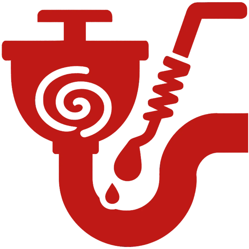 Red icon of sink drain with spiral auger and water drops