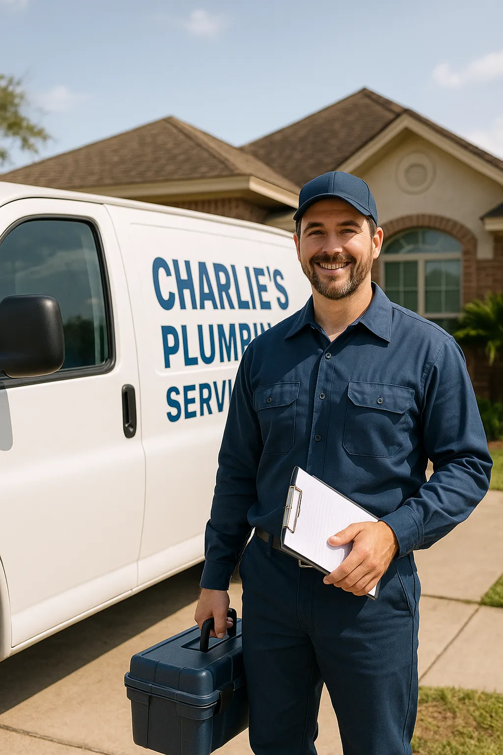 Friendly plumber in blue uniform holding toolbox and clipboard beside Charlie’s Plumbing Service van in a suburban neighborhood.