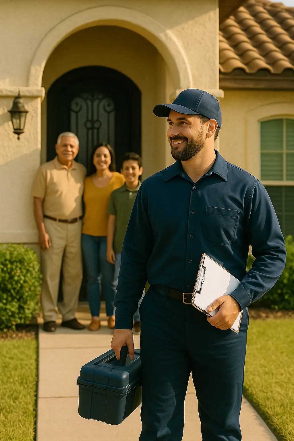 Smiling plumber walking away from a satisfied family outside their home, carrying tools and a clipboard