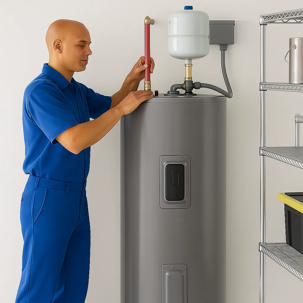 Plumber in blue uniform installing a modern residential water heater in a clean utility room
